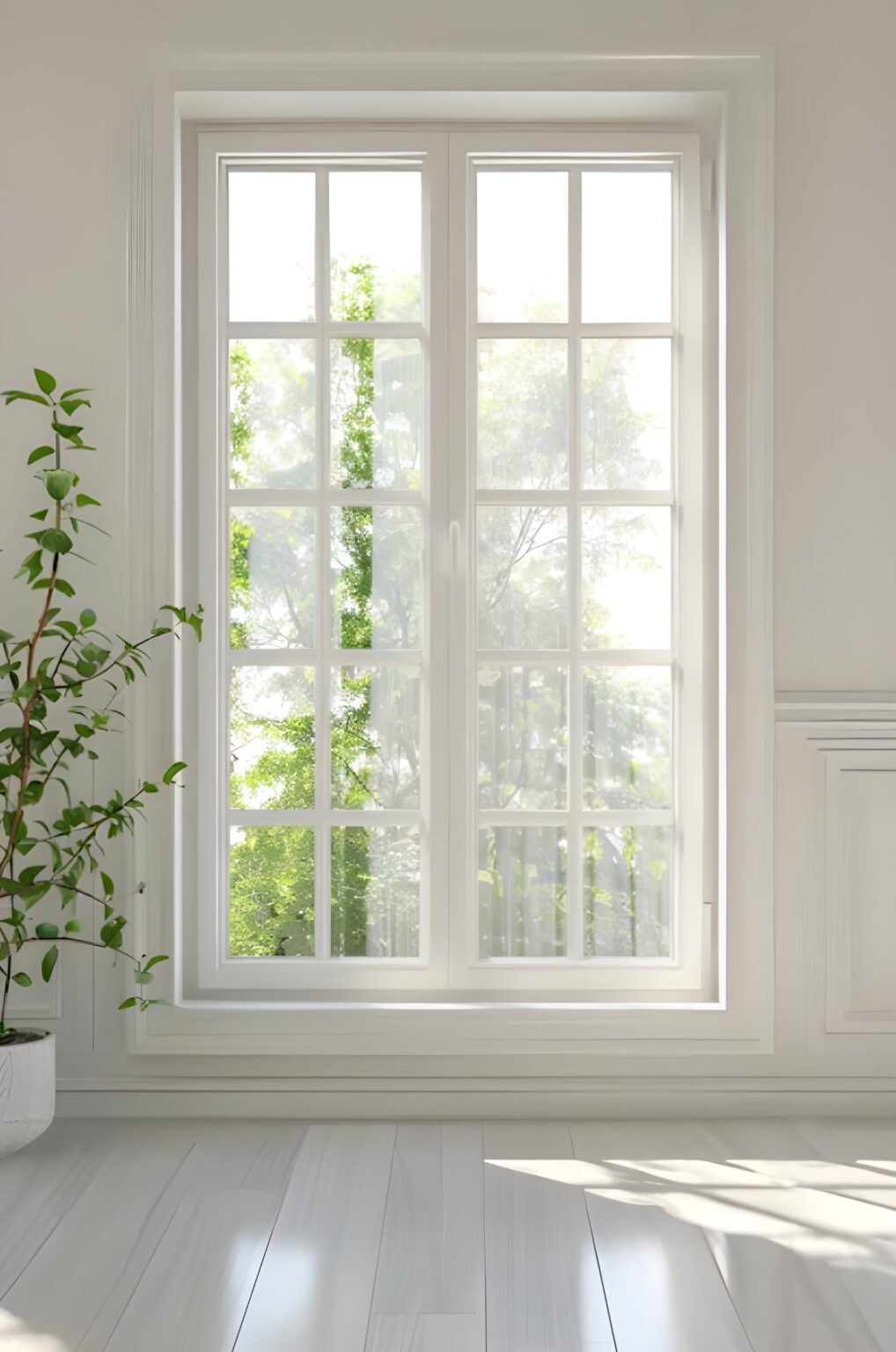 Bright window with green plants outside
