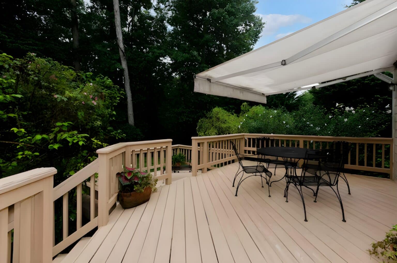 Honey colored deck with outdoor chairs