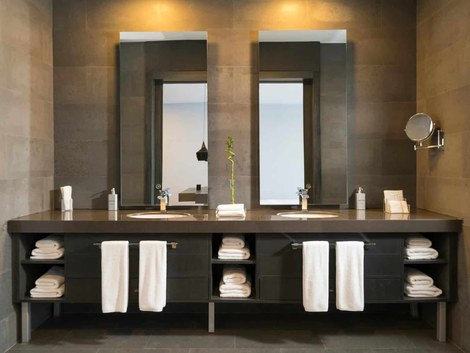 Spa-inspired bathroom with yellow lighting
