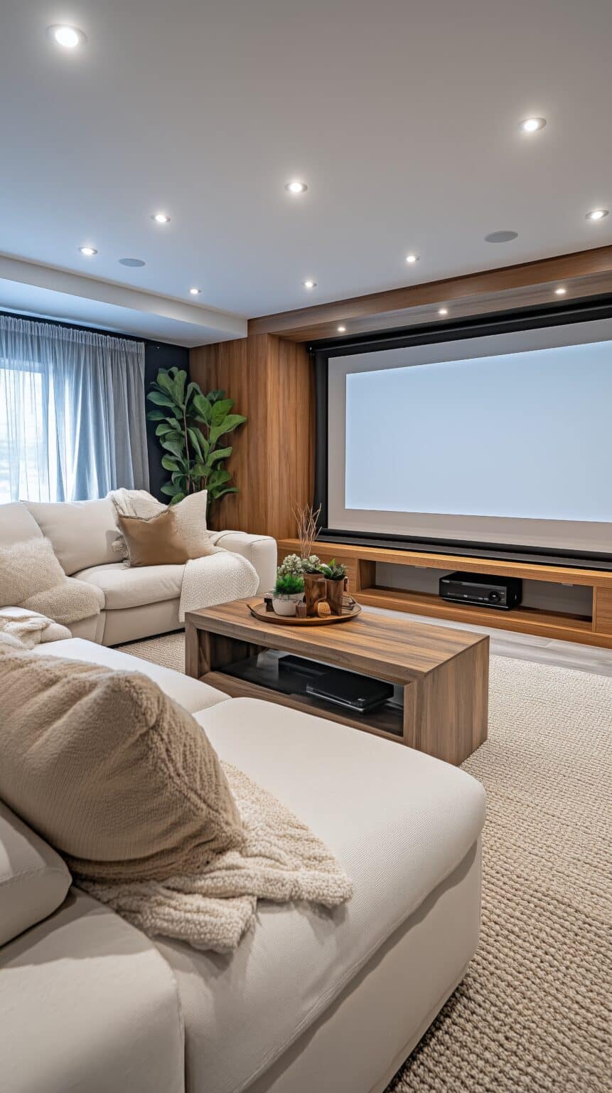 A stylish home theater features plush sofas and a wooden coffee