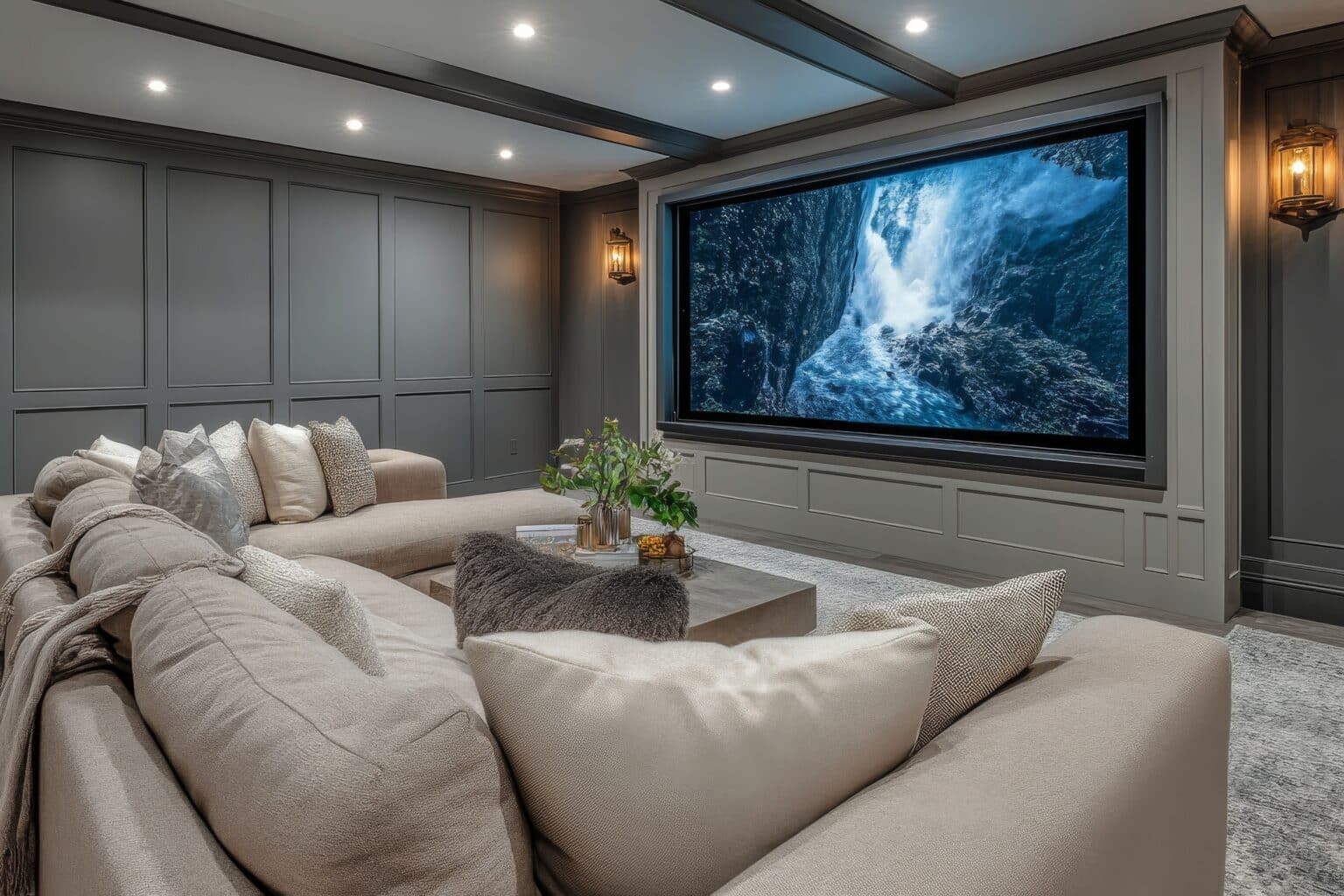 The comfortable living space features a spacious couch and a large screen showcasing a beautiful waterfall. Soft lighting creates a relaxing atmosphere perfect for movie nights.