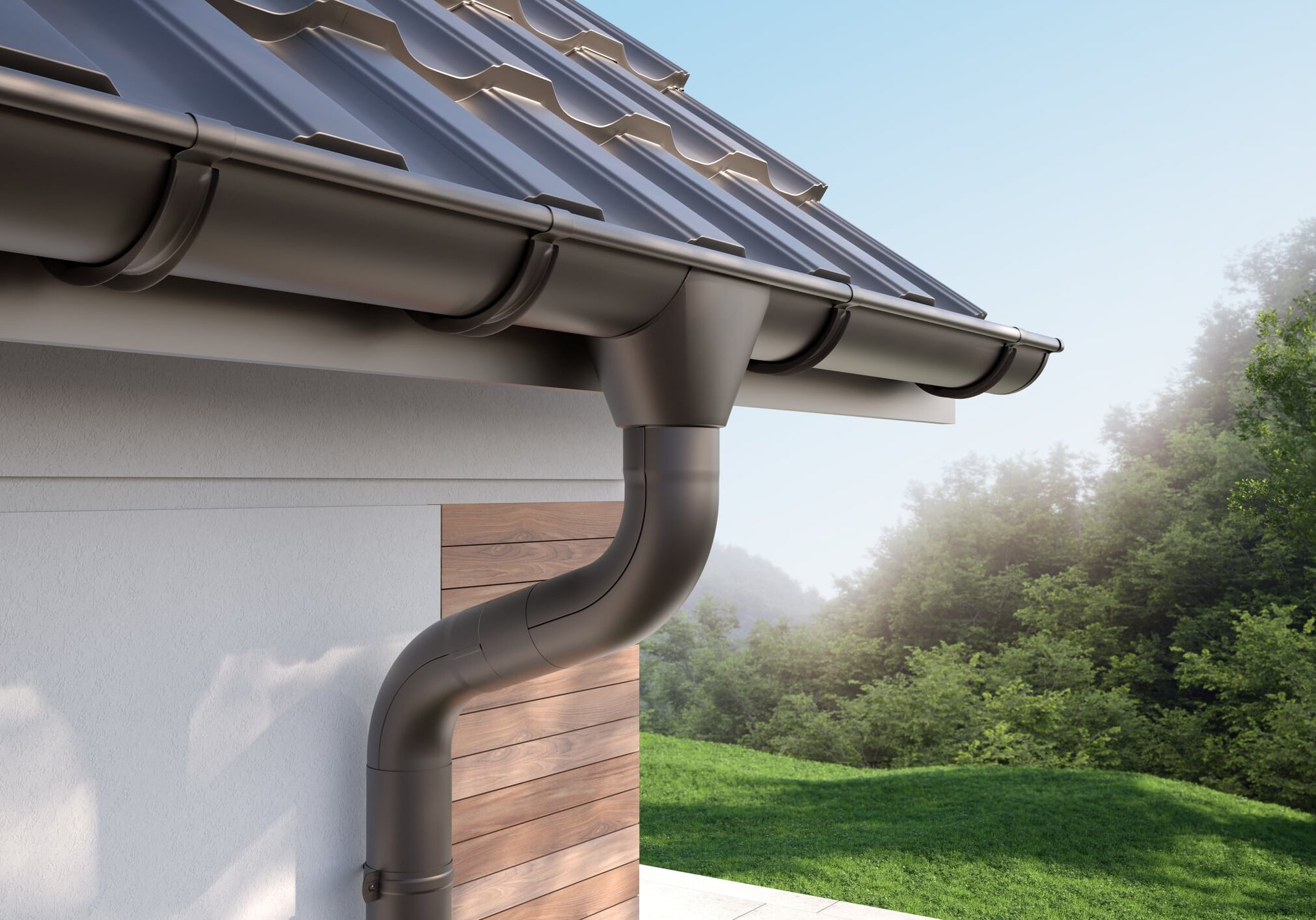 Close-up of the gutter, roof and corner of the house 3D illustration